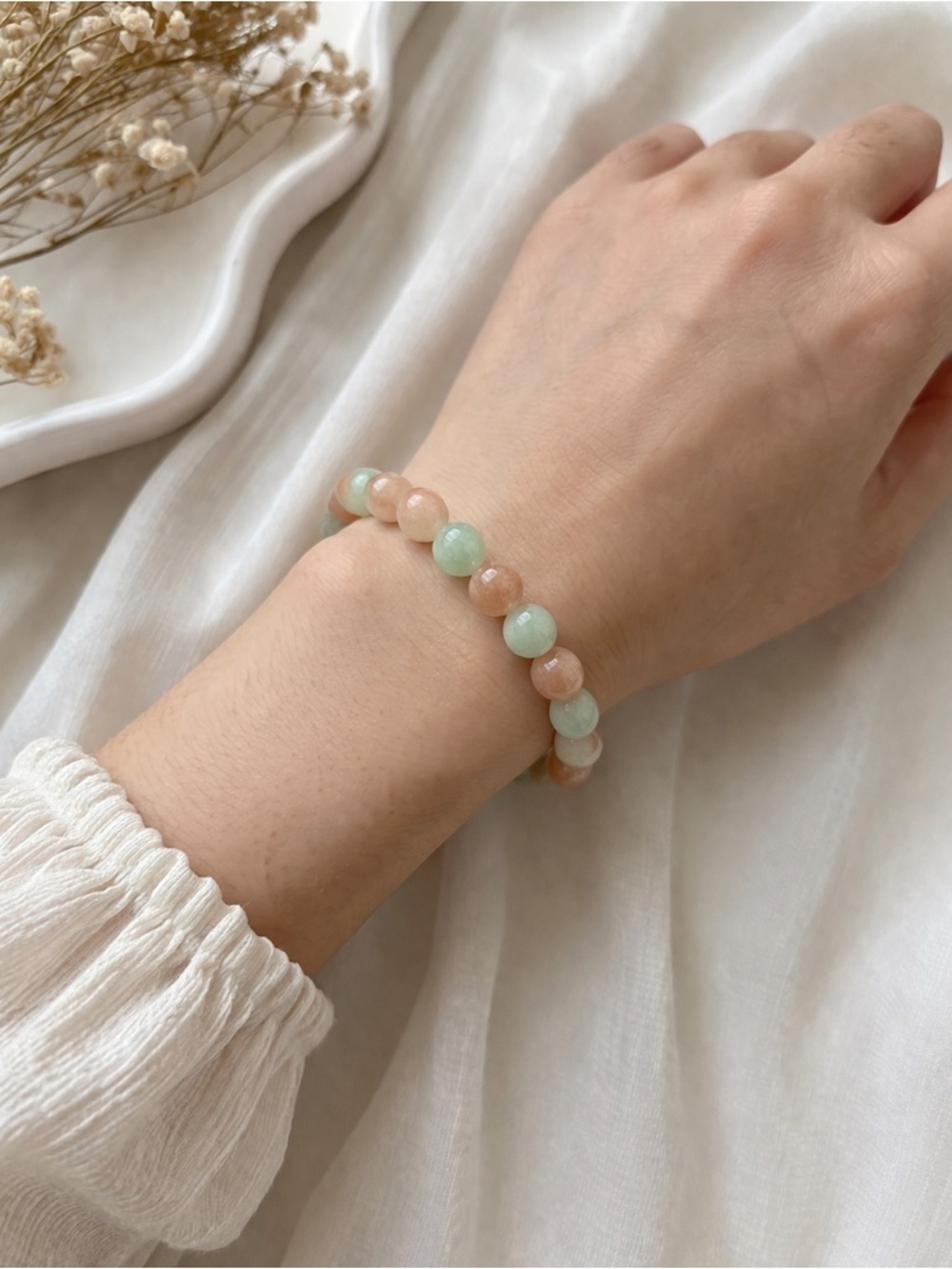 Delicate Mint Green & Peach Bead Stretch Bracelet - Women's Jewelry